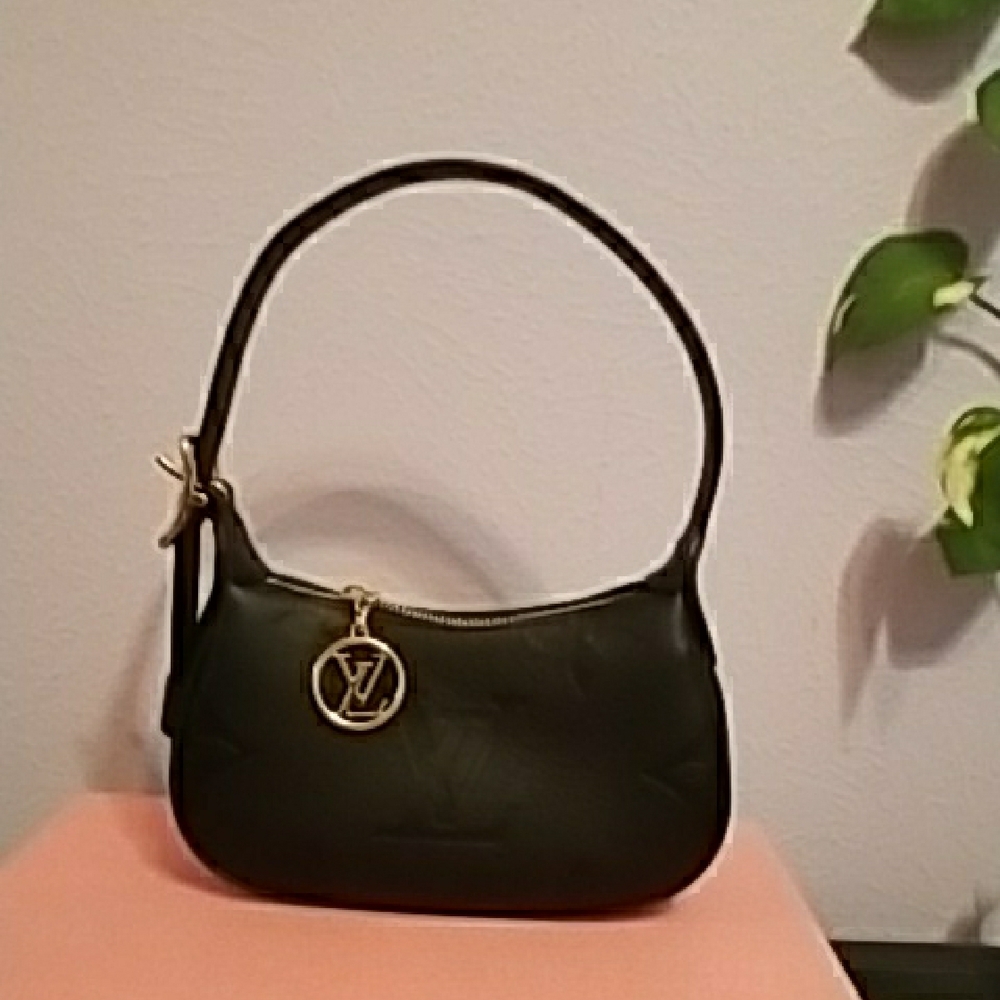 Black Mini Moon Textured Shoulder Bag with Gold Charm